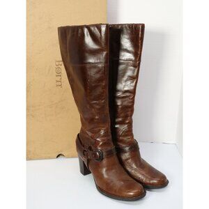 Born Tall Brittney Boots Womens 7.5 Distressed Brown Leather 3" Heel Harness